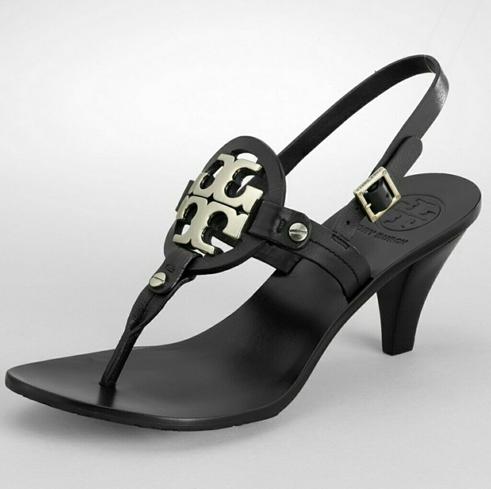 Tory Burch Holly 2 Black Leather Silver Emblem Slingback Heels Sandals Size 7 - Picture 5 of 12